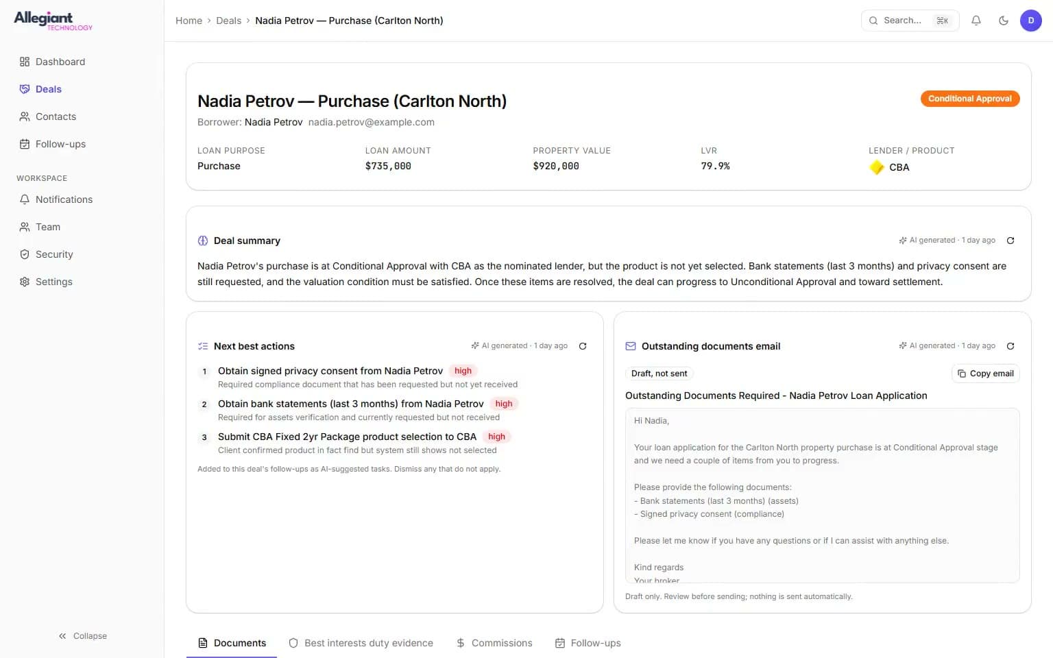Broker CRM deal board with mortgage applications sitting in Lead, Appointment, Fact Find and Submitted stages.
