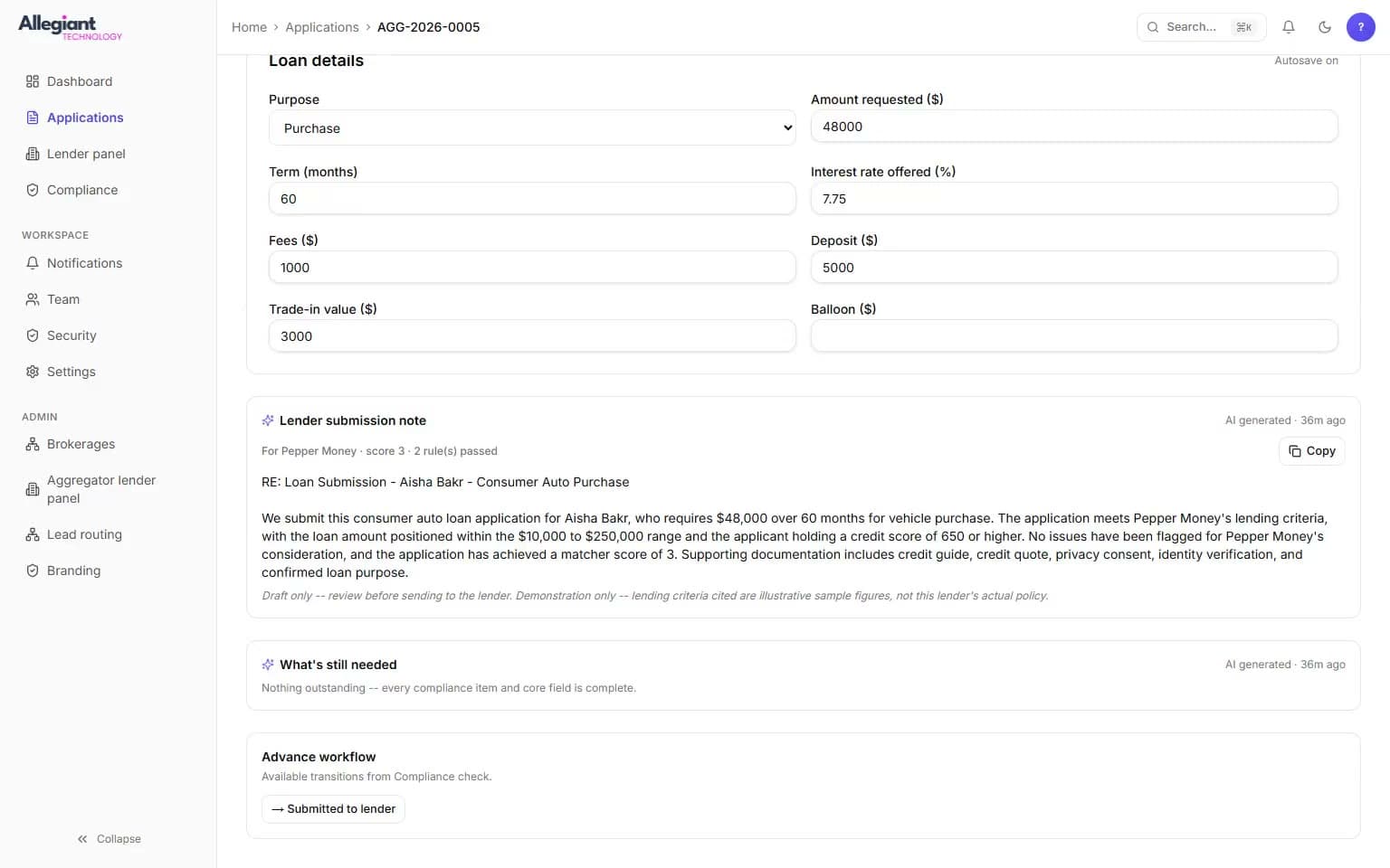 Lender Gateway application submitted to Liberty and sitting with the credit team, with a missing-information request waiting on the broker.