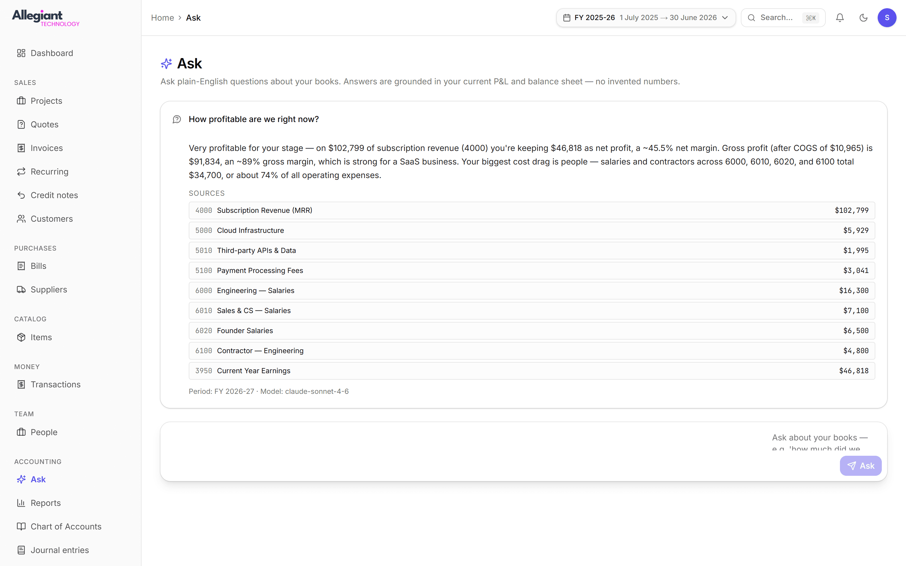 The Ask screen answering a plain-English question about spending, citing the accounts and figures the answer was built from.