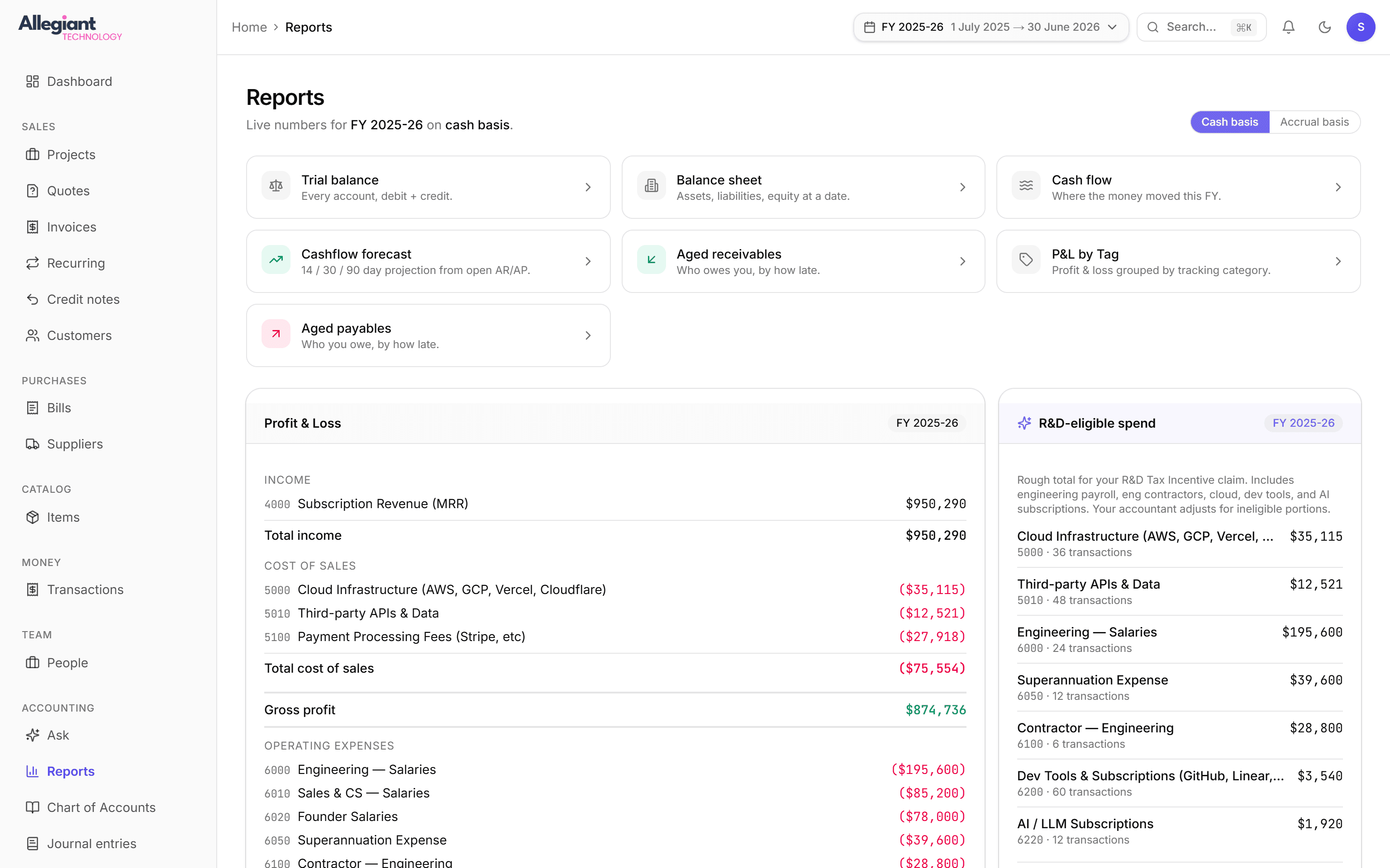 Report screen with a cash or accrual basis toggle above trial balance, balance sheet, cash flow and aged receivable reports.