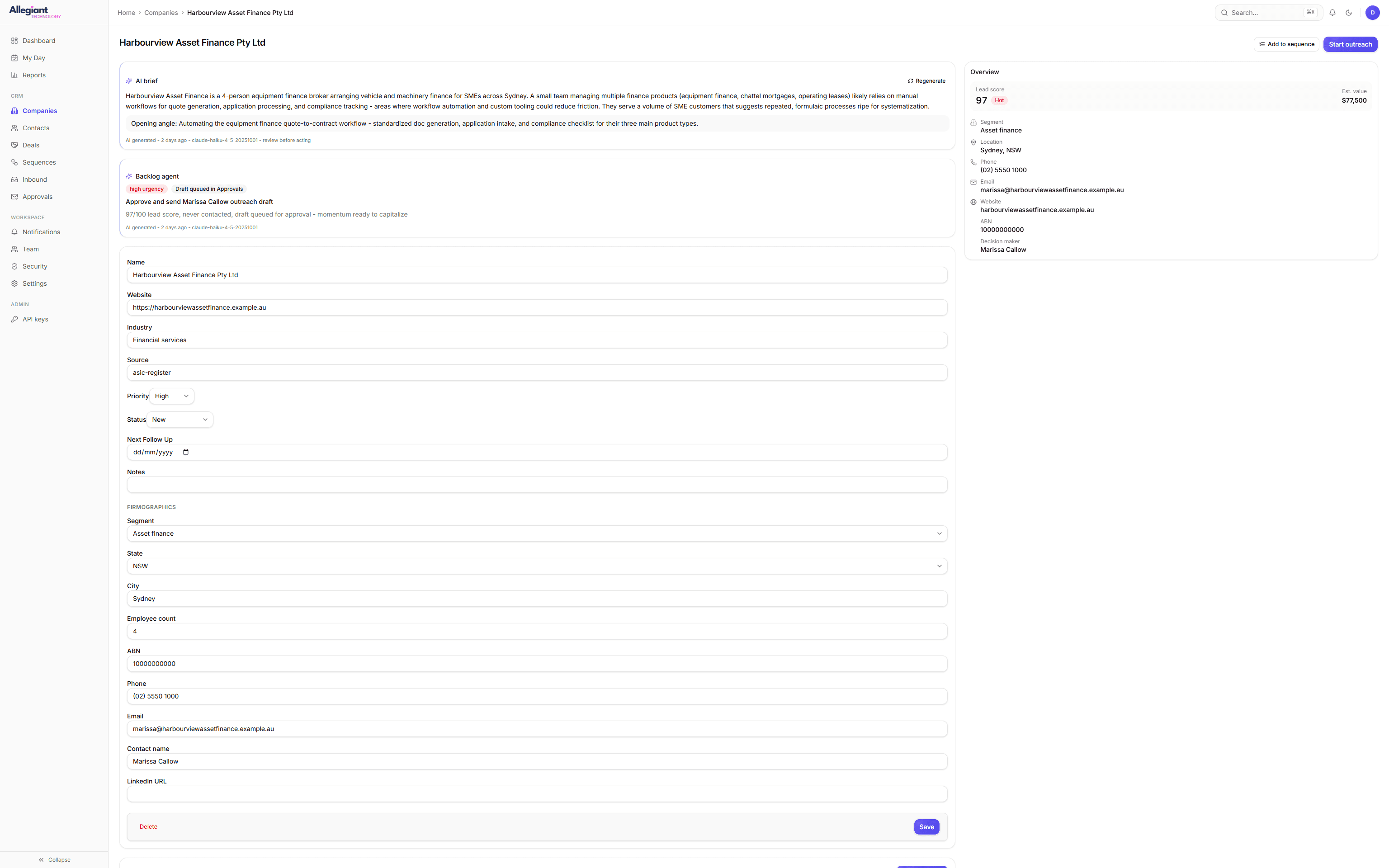 A company record with a generated brief on the business and a suggested opening angle sitting above its contact details.