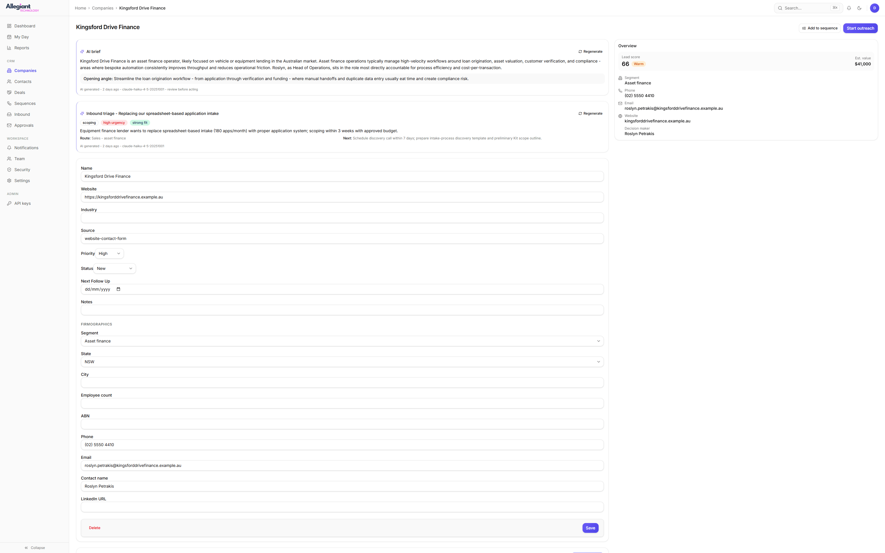 An inbound enquiry displayed with its generated classification, a short summary of what was asked, and the person it was routed to.