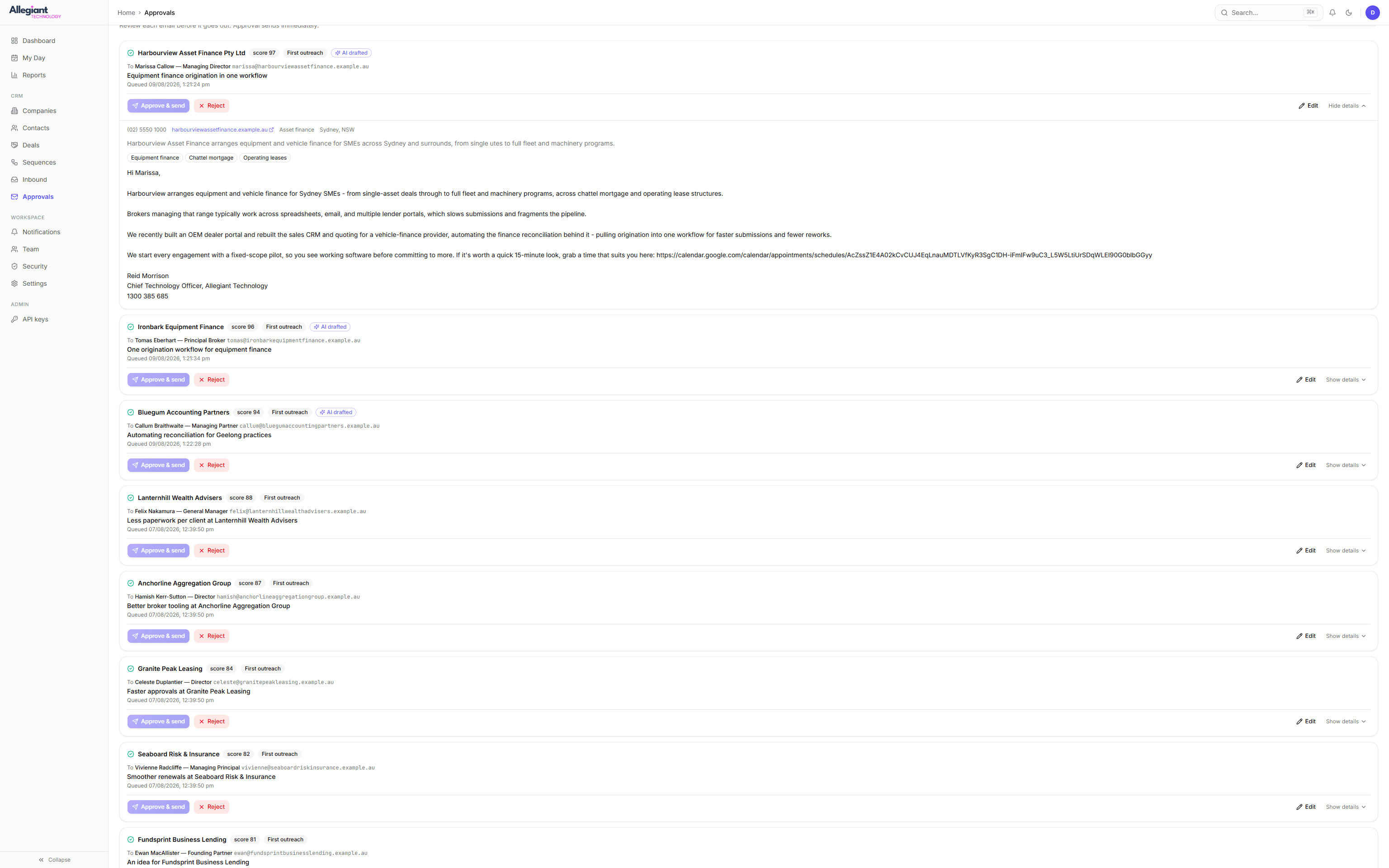 One queued email opened out to show the whole message body, the sender identity, and the edit, approve and reject controls.