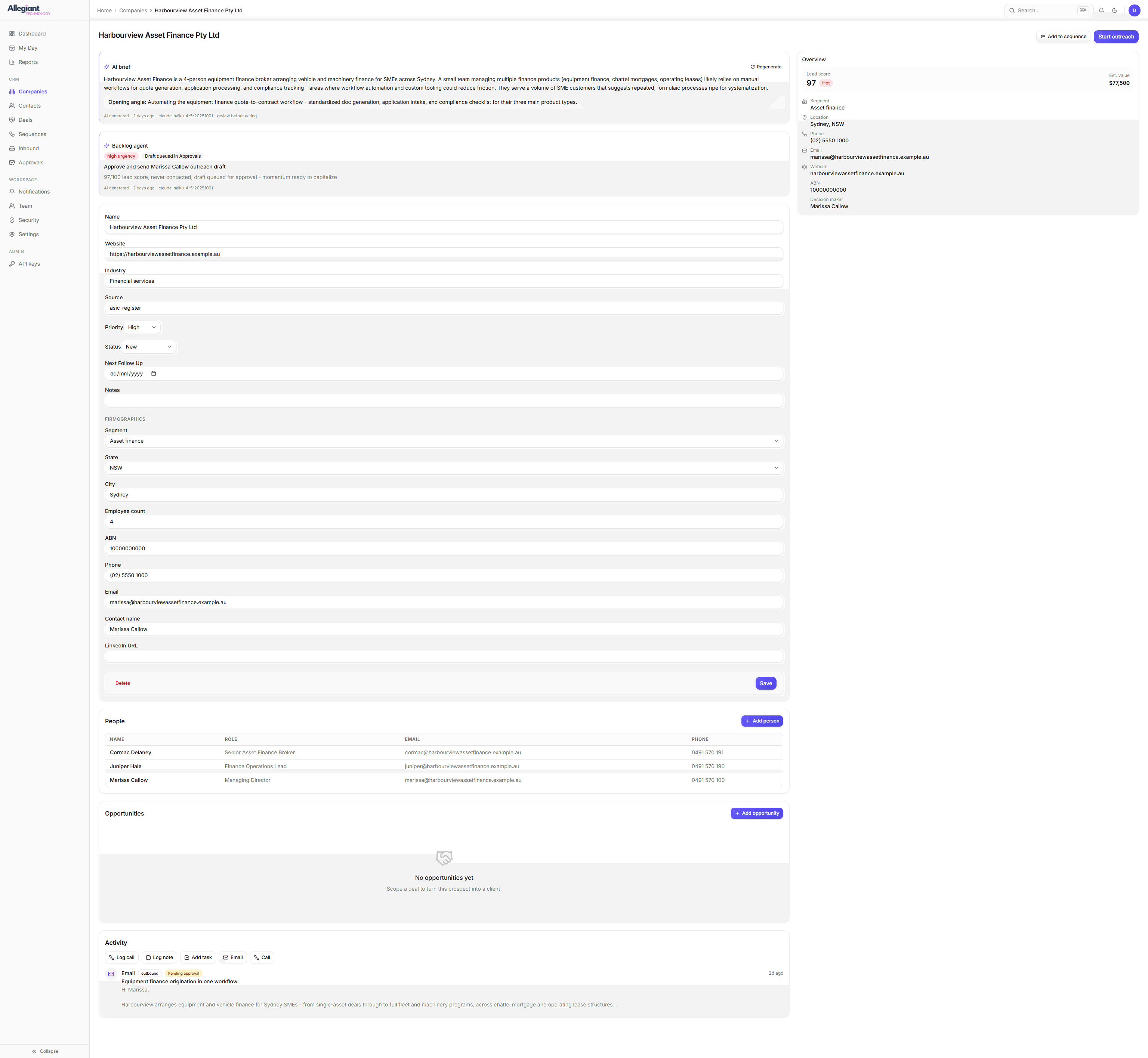 A single company record with editable business details, an overview panel carrying lead score and ABN, and its people and opportunities alongside.