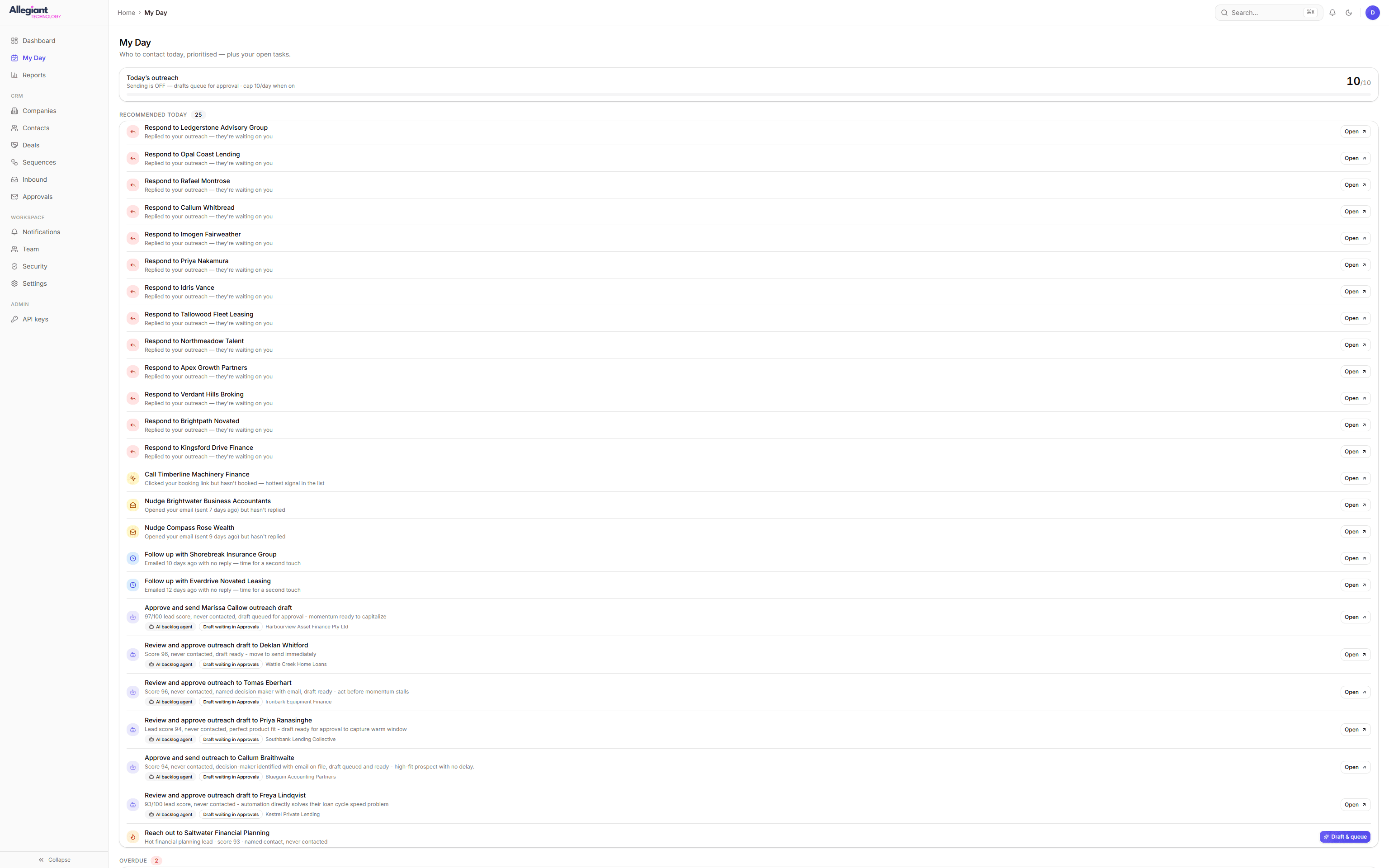 My Day screen - a ranked list of prospects to contact with the signal behind each one, and the sending switch and daily cap along the top.