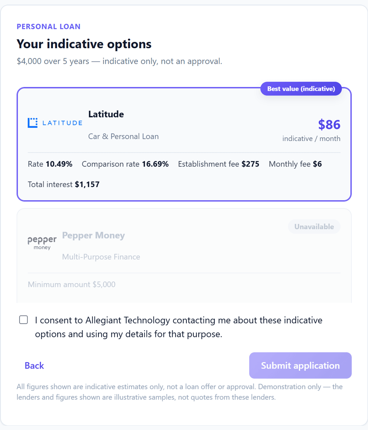 Widget results screen listing indicative lender options with repayment figures, the leading option marked and out-of-policy lenders greyed out.