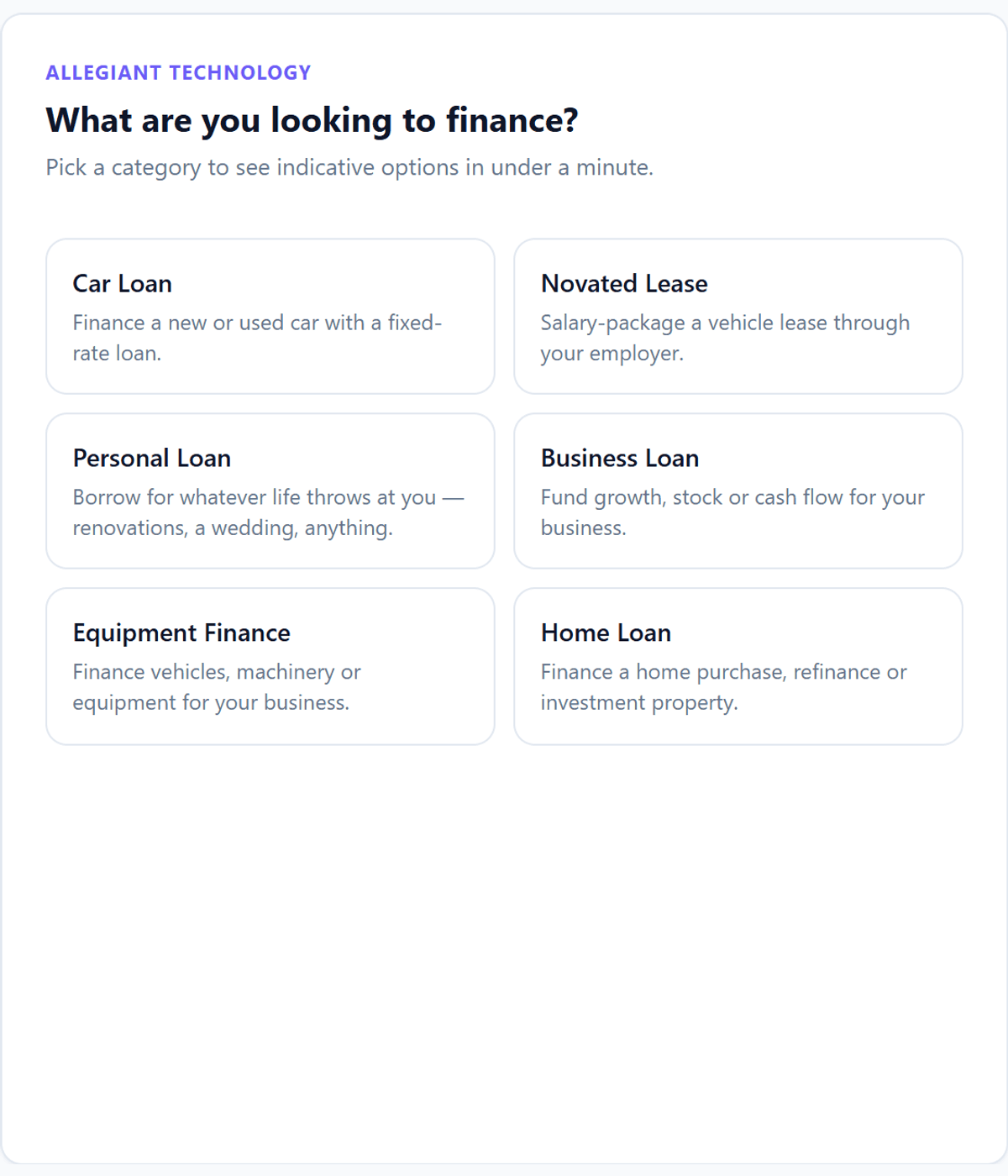 Widget step one - a grid of finance types for the visitor to choose from before any details are asked for.