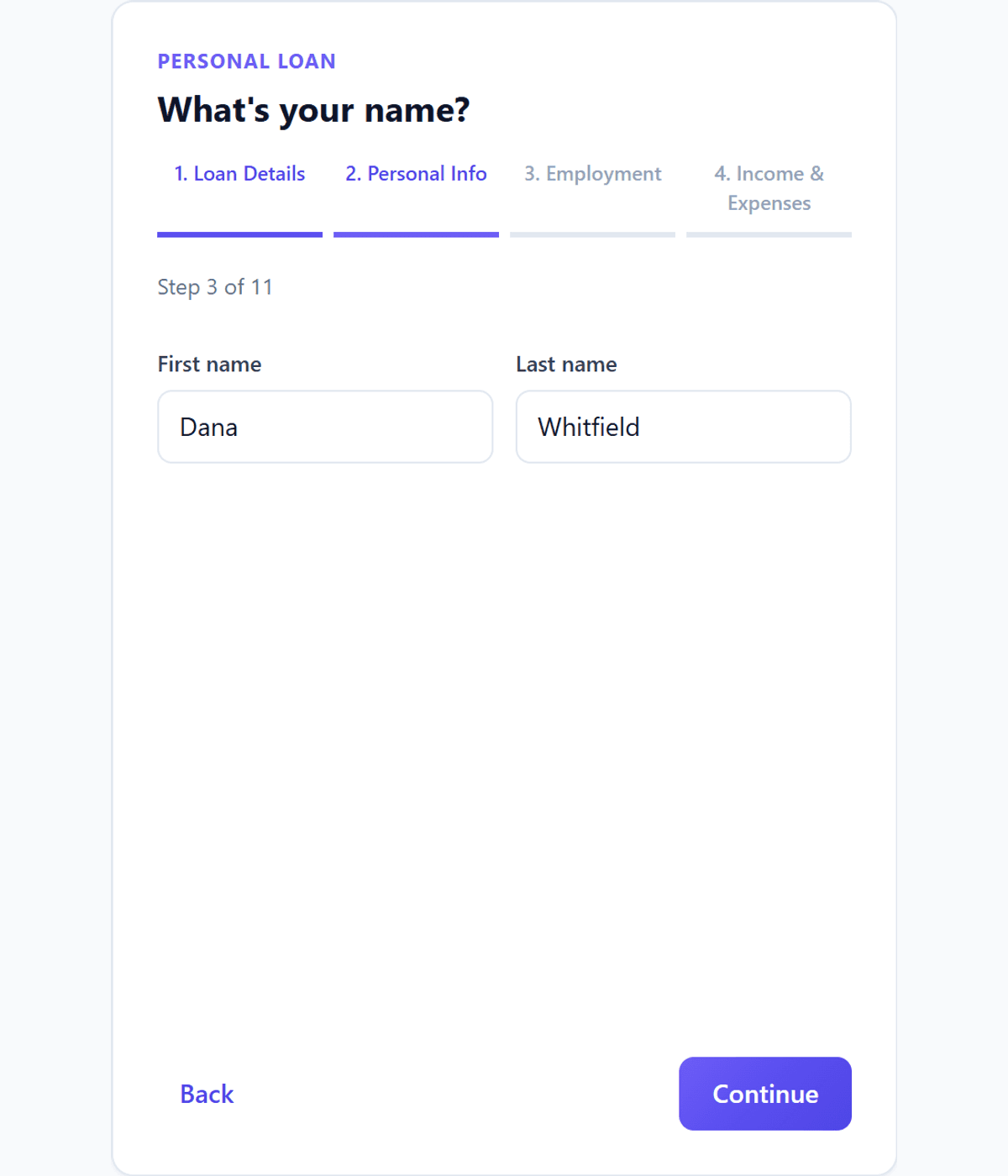 Widget application form collecting loan, personal, employment and income details, with a step progress trail above the fields.