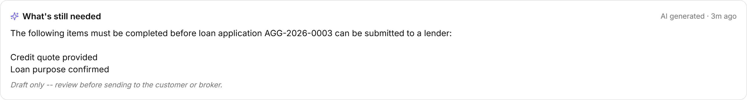 A generated request for missing information held as a draft on the application, naming each compliance item still outstanding.