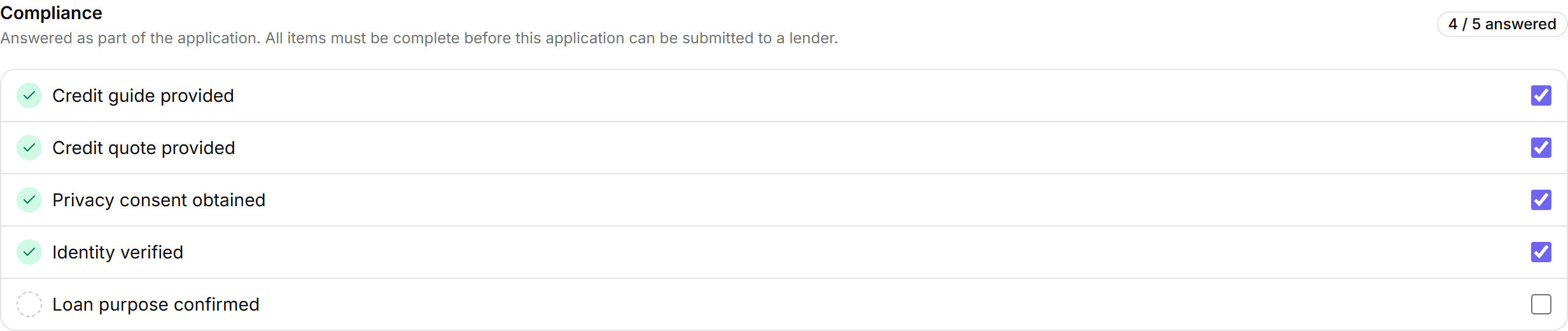 Compliance tab reading four of five items answered, each item listed with a completed tick or an open checkbox beside it.
