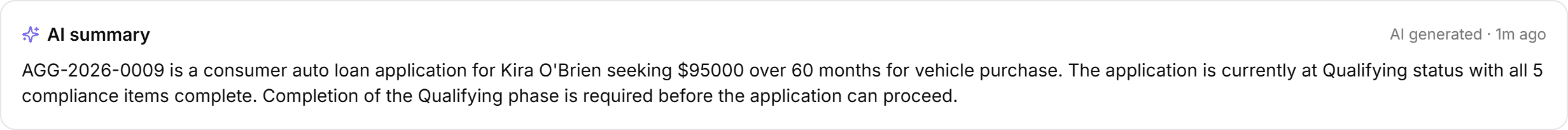 A generated summary paragraph sitting above an application's tabs, stating the loan amount, term, workflow status and how many compliance items are complete.