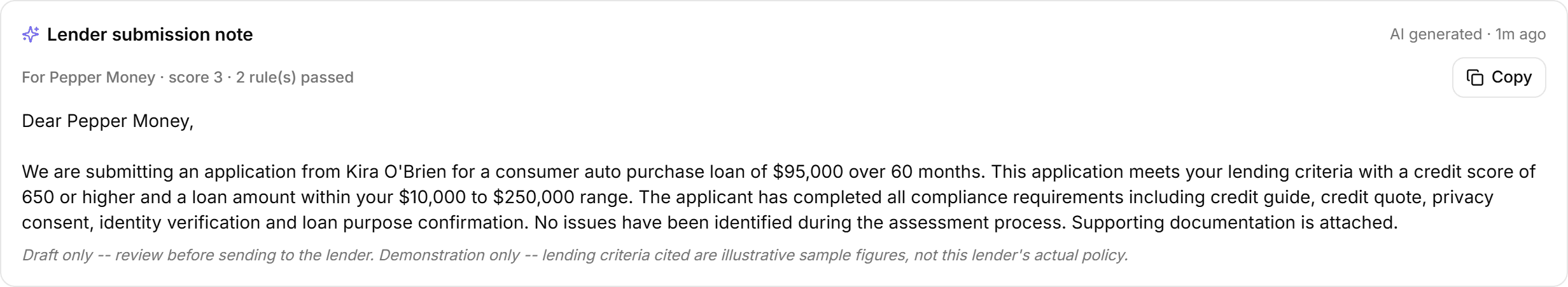 A generated lender submission note for Pepper Money, citing its score and the rules that passed, with a copy button and a draft-only review note beneath.